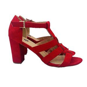 High Block Heels Womens Shoe Size 10 Red Strappy Sexy Buckle T-Strap Sandals